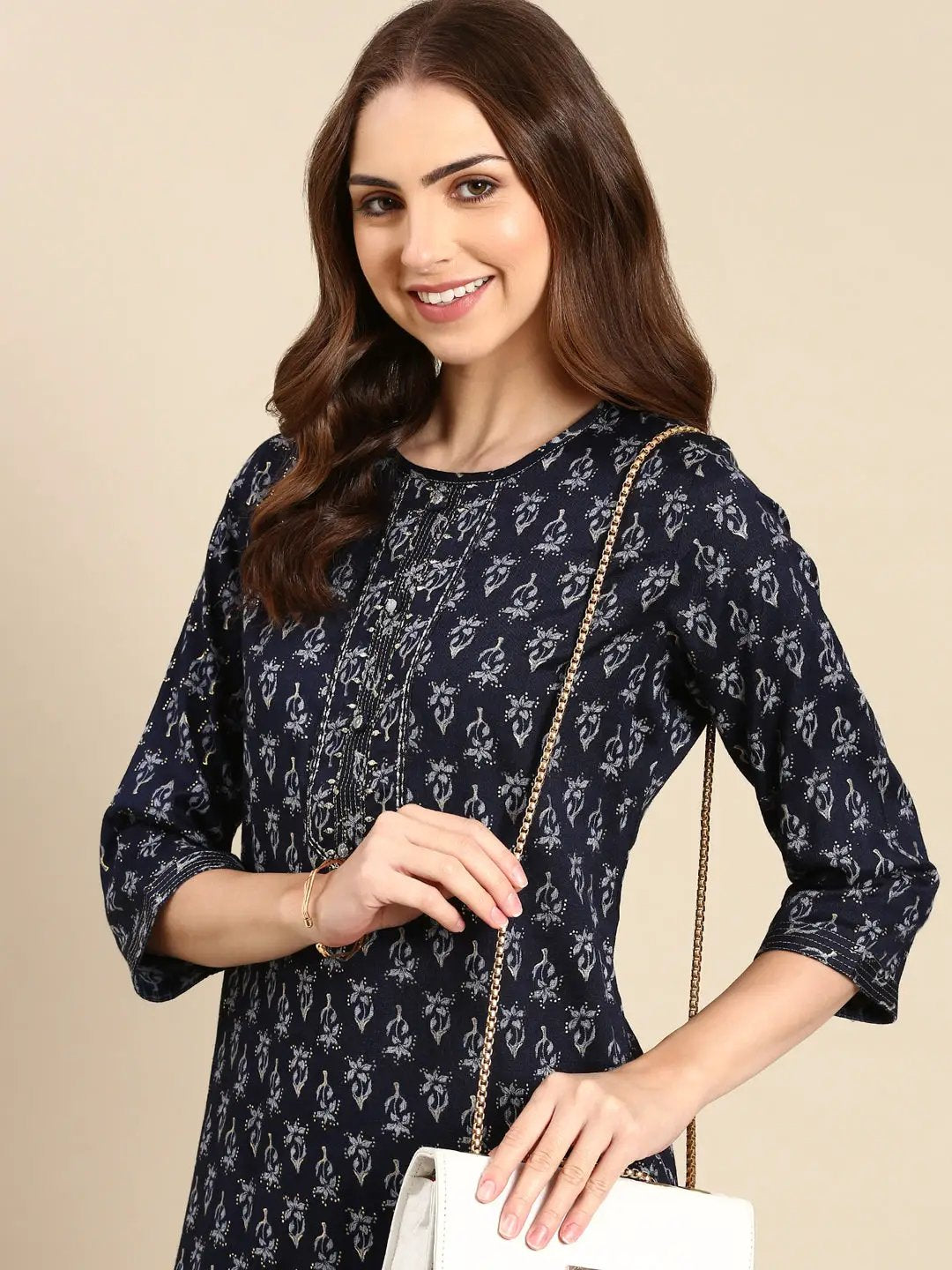 Women's Navy Blue Printed Straight Kurta