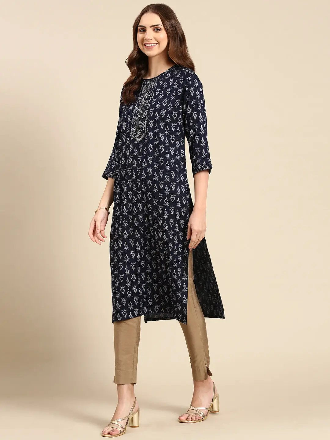 Women's Navy Blue Printed Straight Kurta