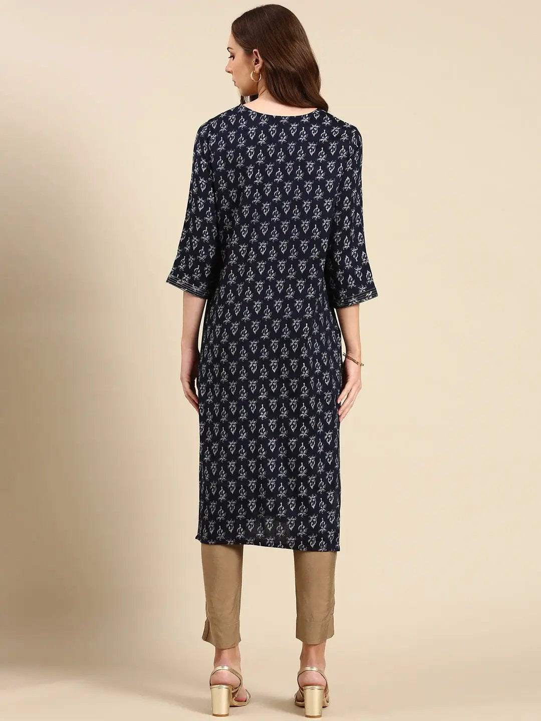 Women's Navy Blue Printed Straight Kurta