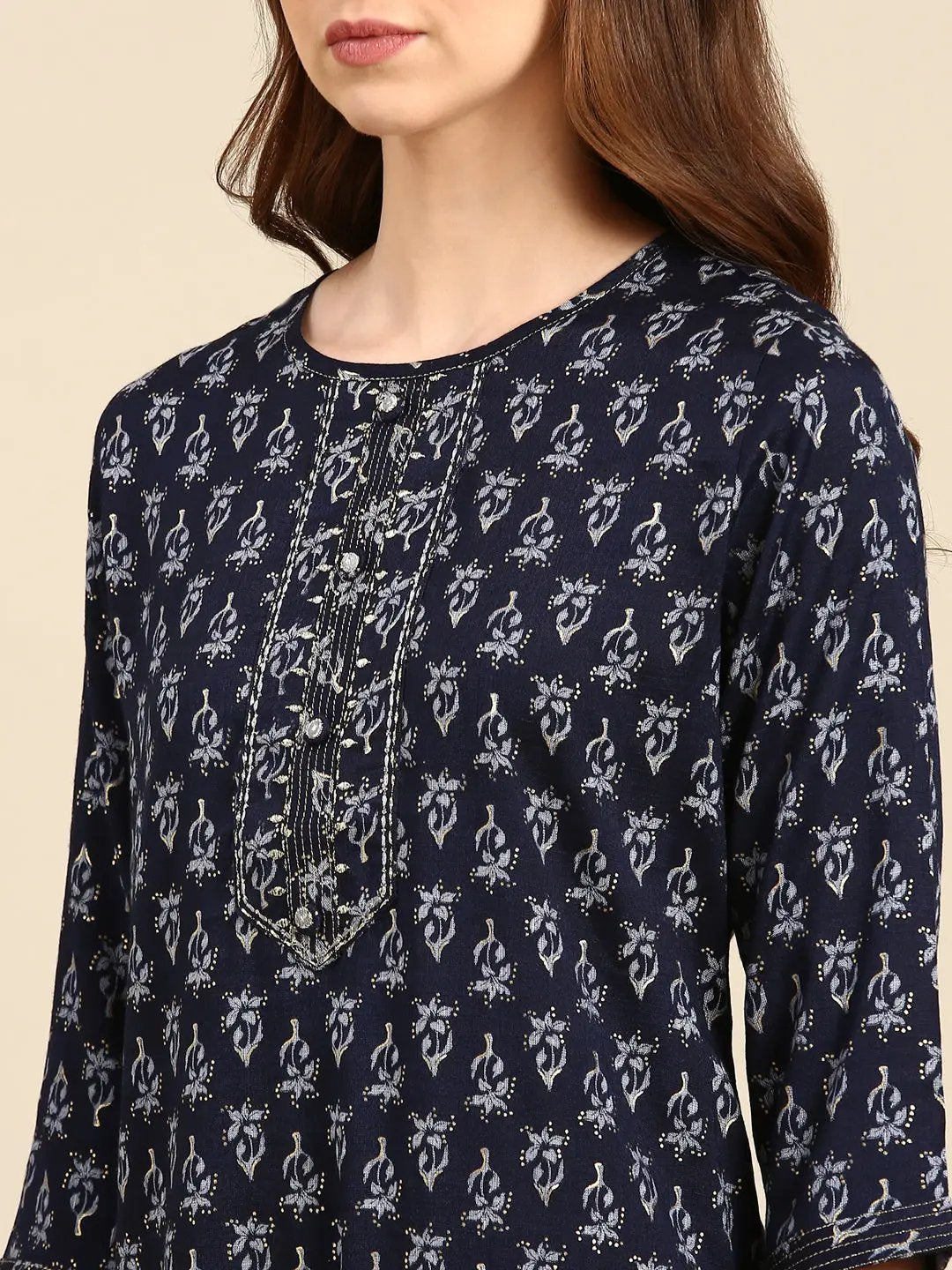 Women's Navy Blue Printed Straight Kurta