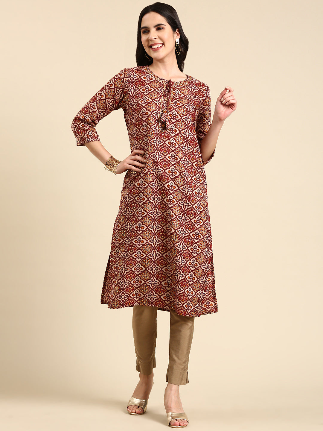 Women's Maroon Printed Straight Kurta