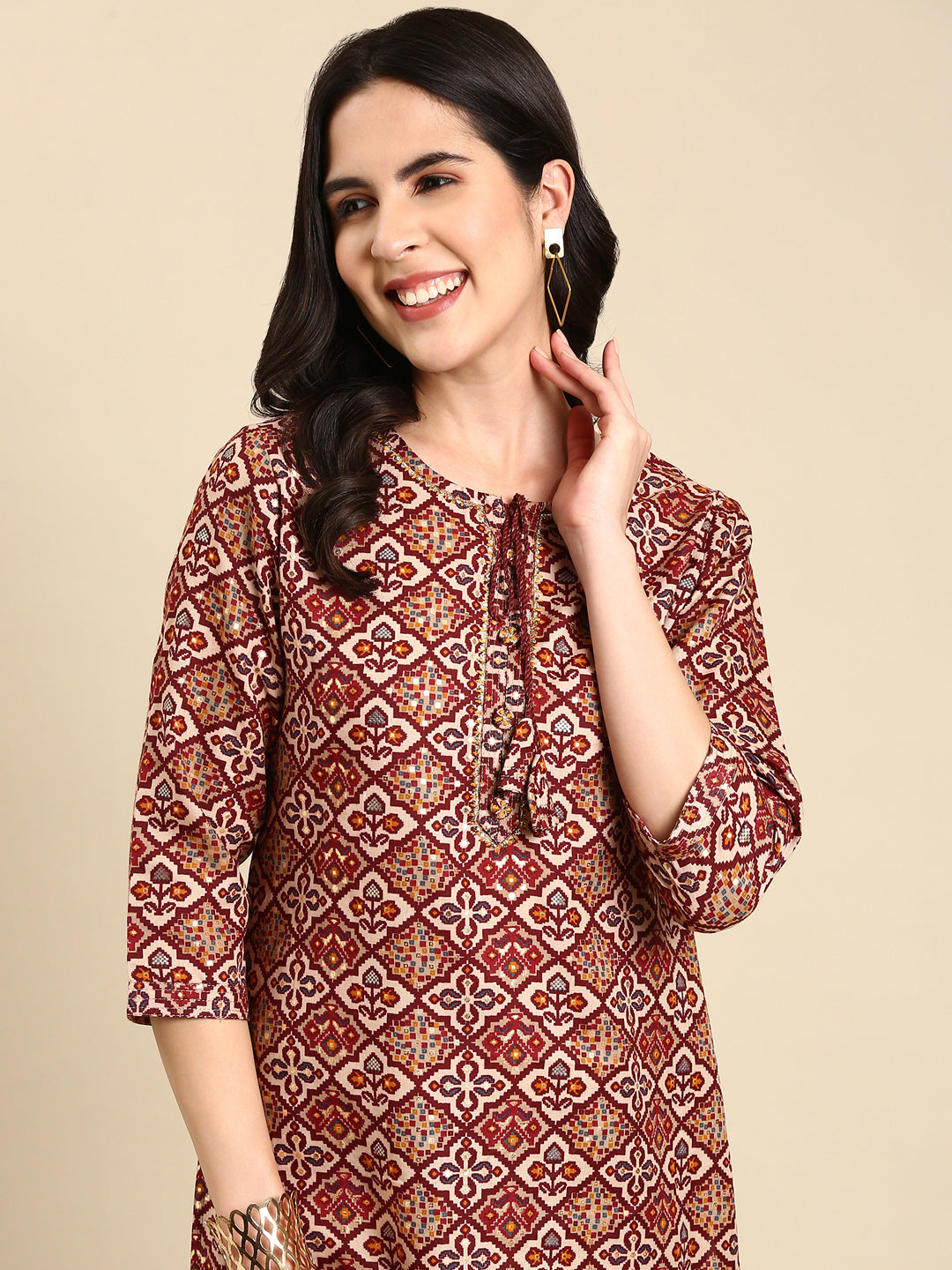 Women's Maroon Printed Straight Kurta