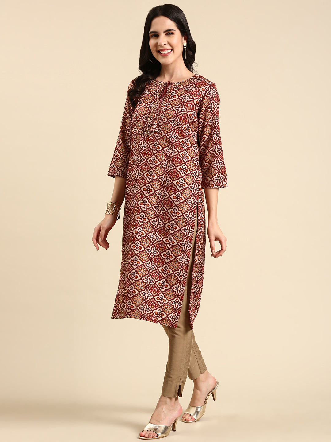 Women's Maroon Printed Straight Kurta