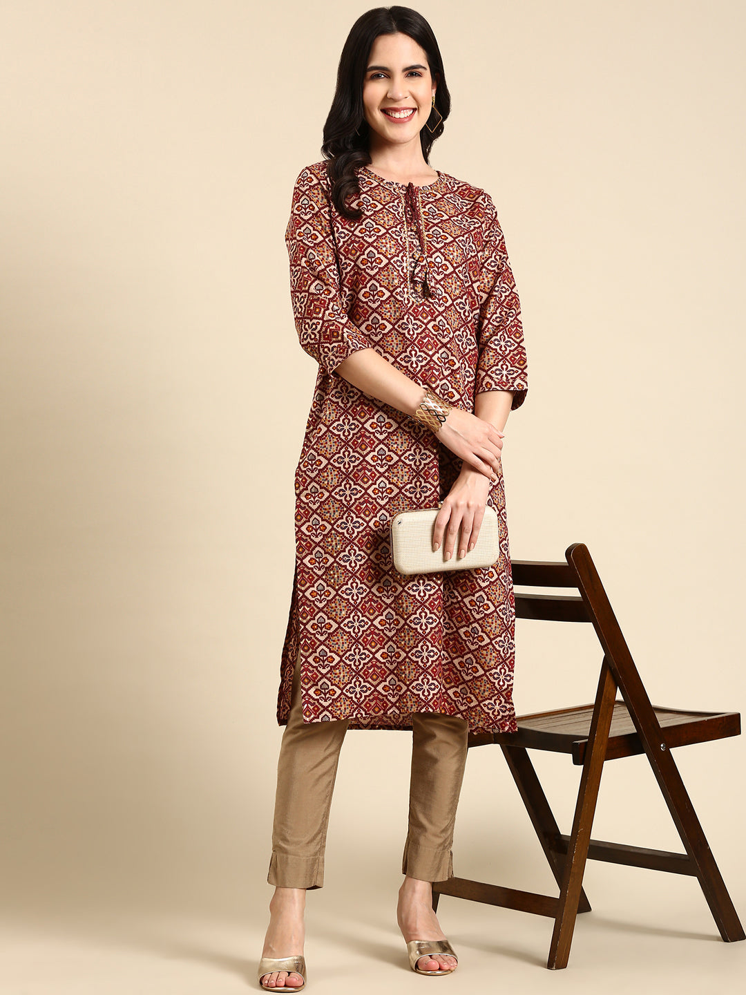 Women's Maroon Printed Straight Kurta