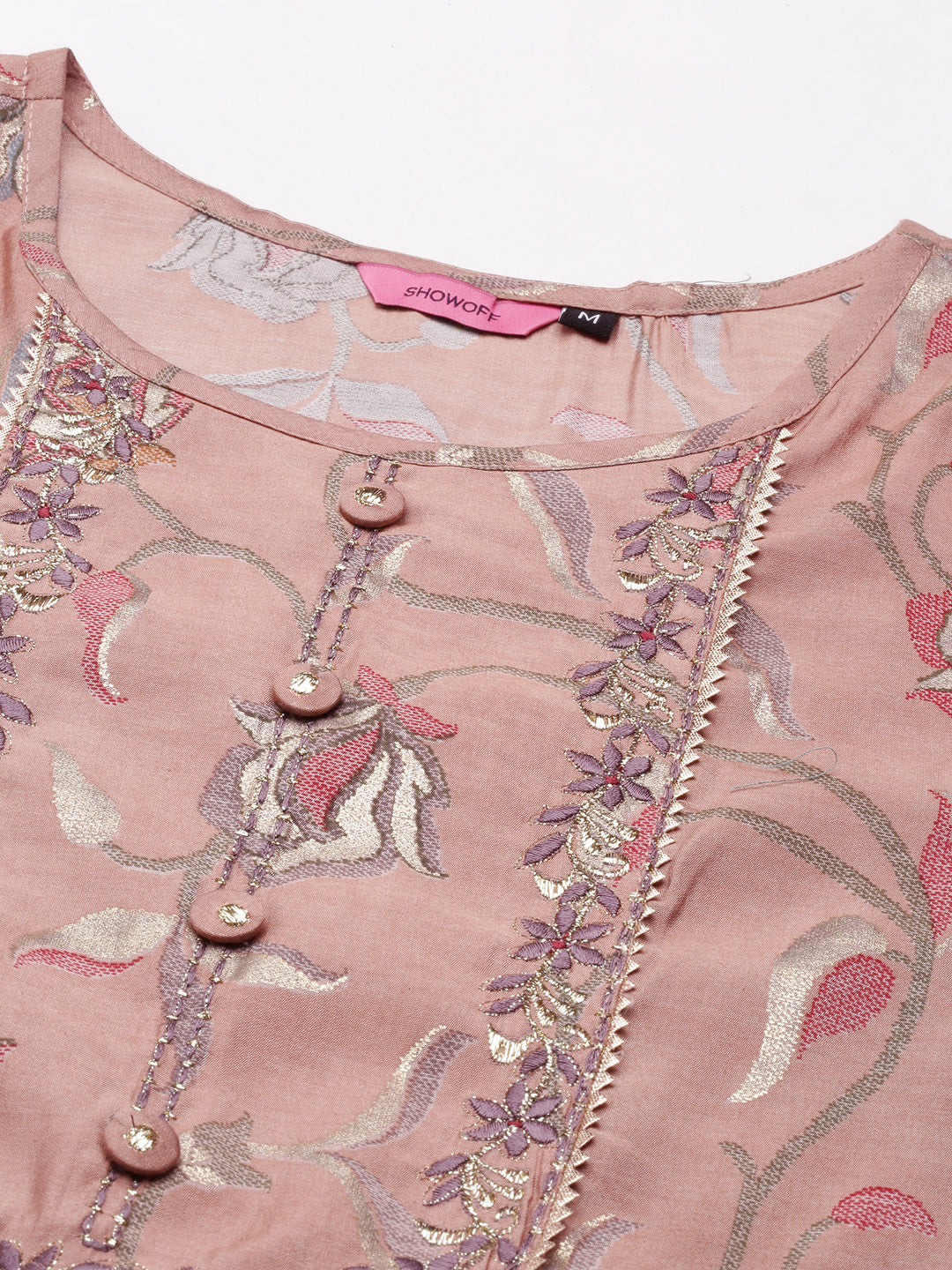 Women's Mauve Floral Printed Thread Work Round Neck Straight Kurta