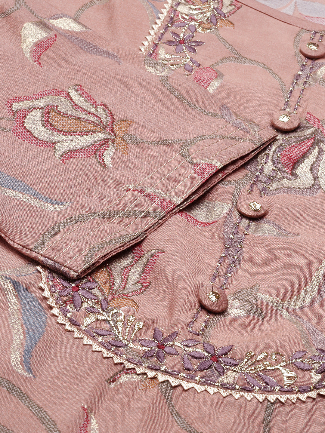 Women's Mauve Floral Printed Thread Work Round Neck Straight Kurta