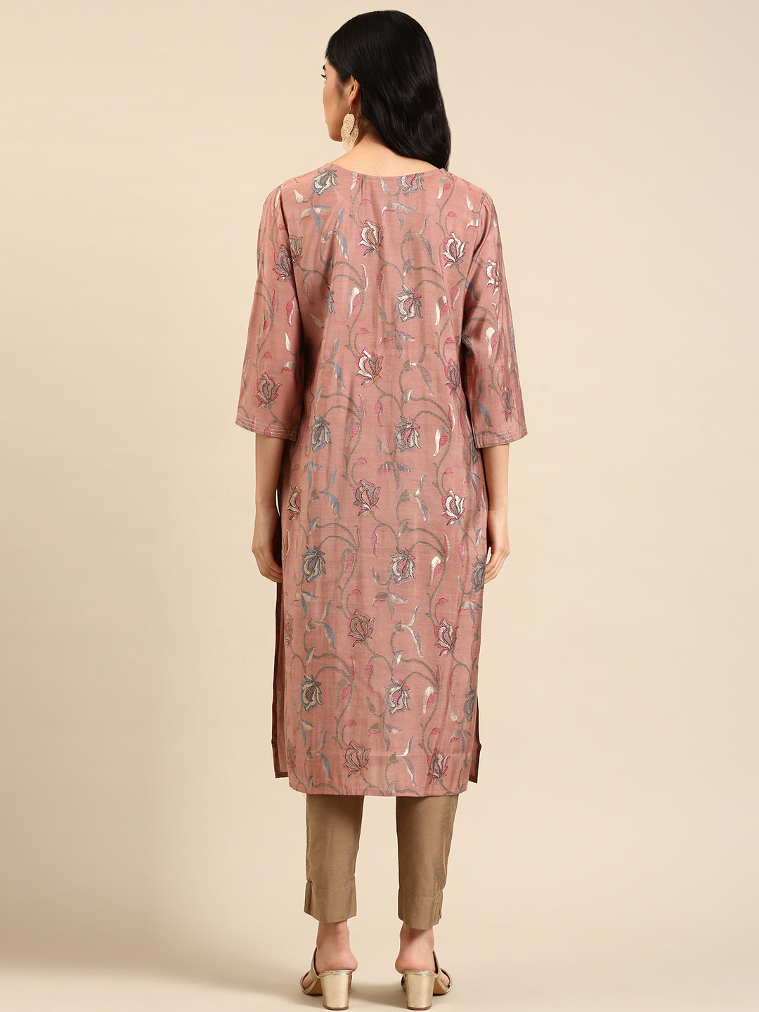 Women's Mauve Floral Printed Thread Work Round Neck Straight Kurta
