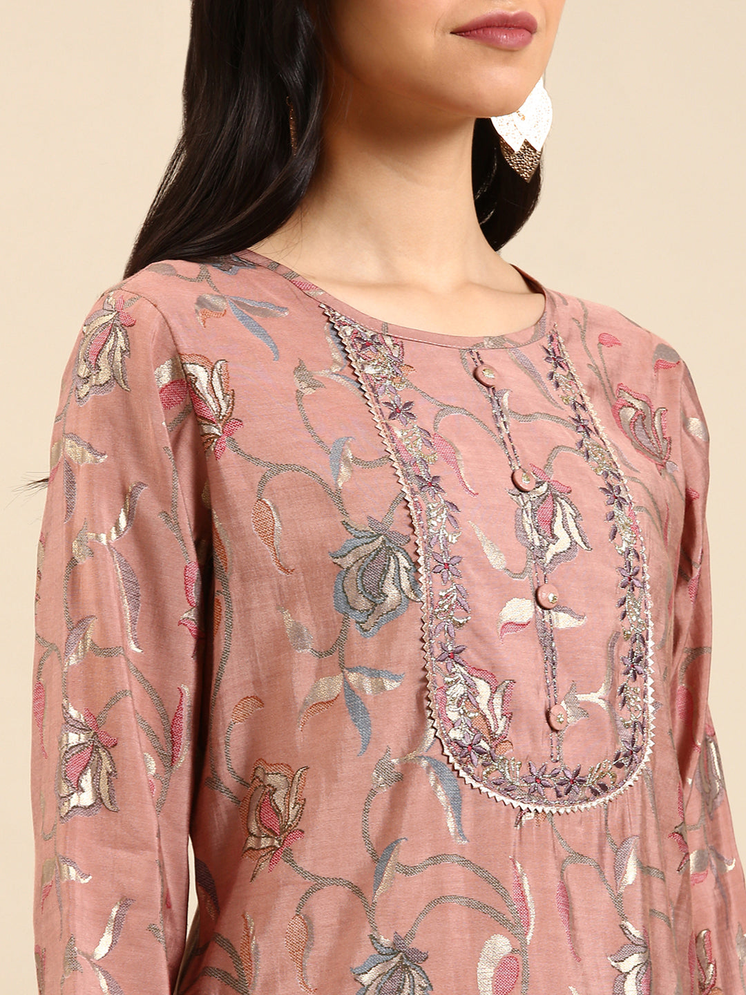 Women's Mauve Floral Printed Thread Work Round Neck Straight Kurta