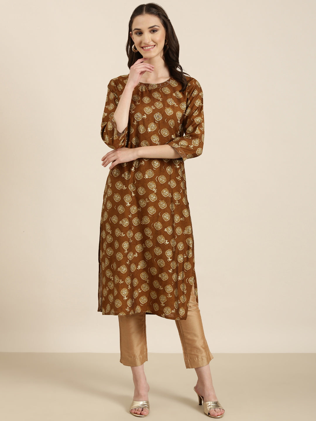 Women Brown Printed Straight Kurta