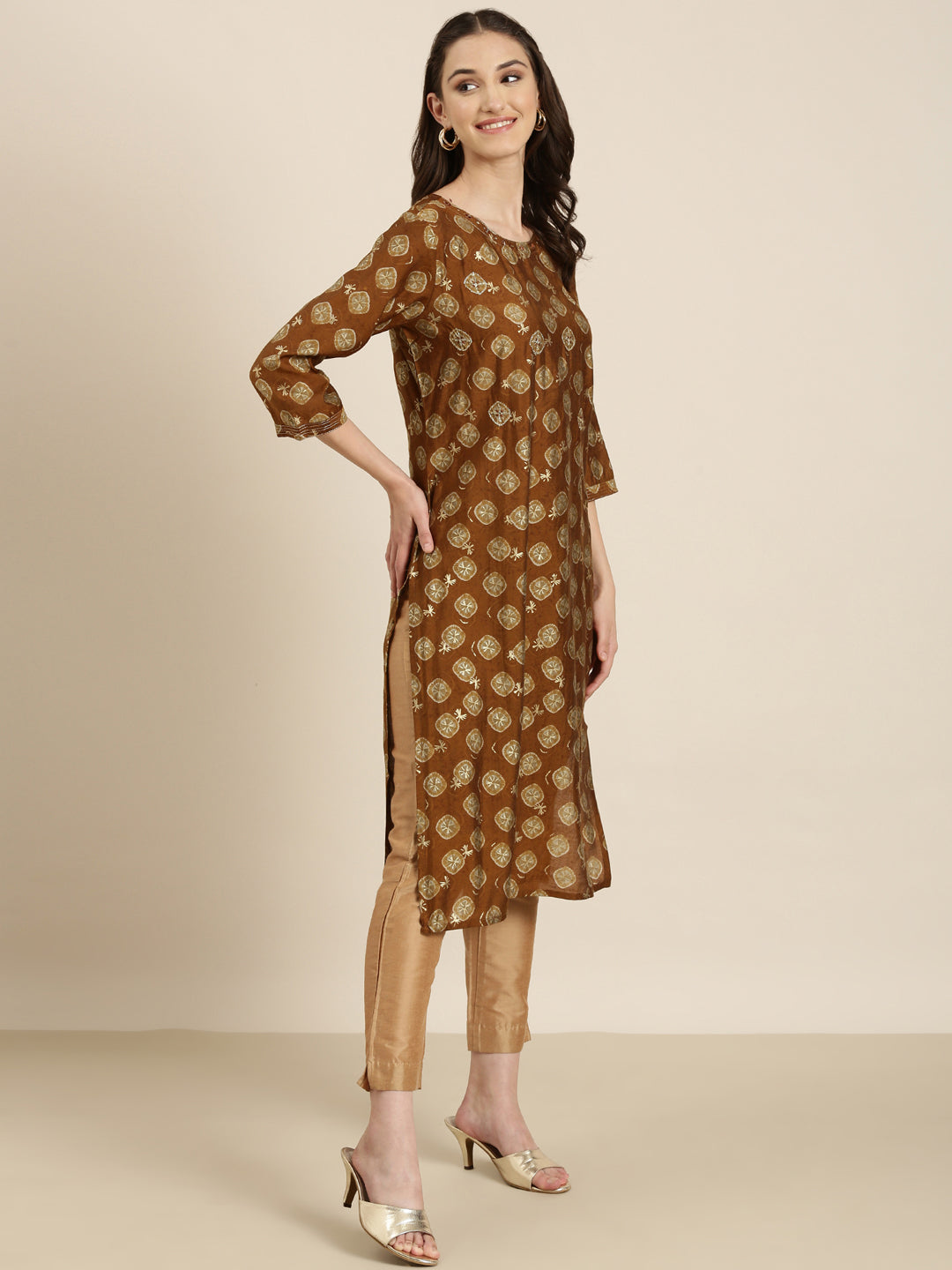 Women Brown Printed Straight Kurta