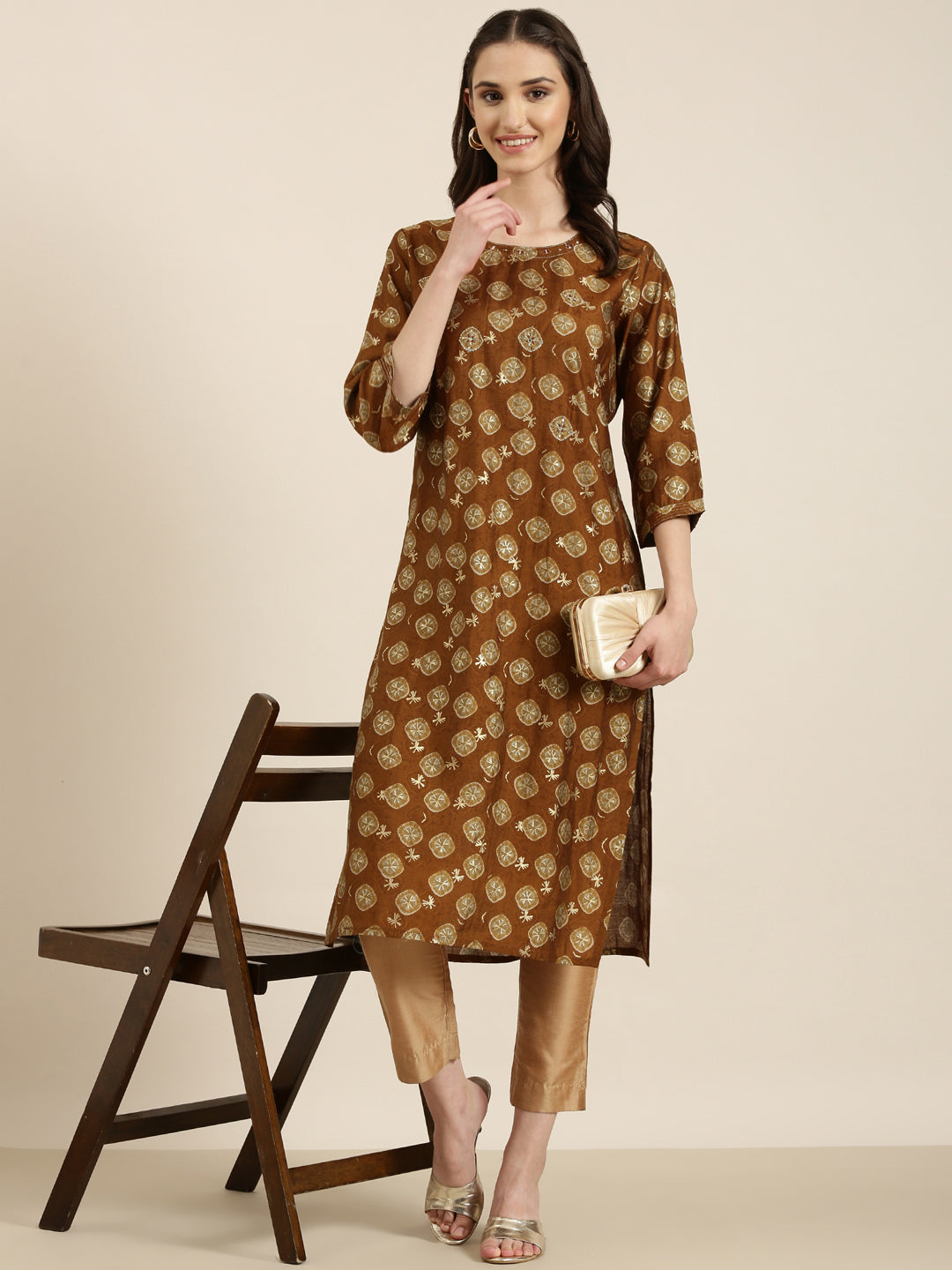 Women Brown Printed Straight Kurta