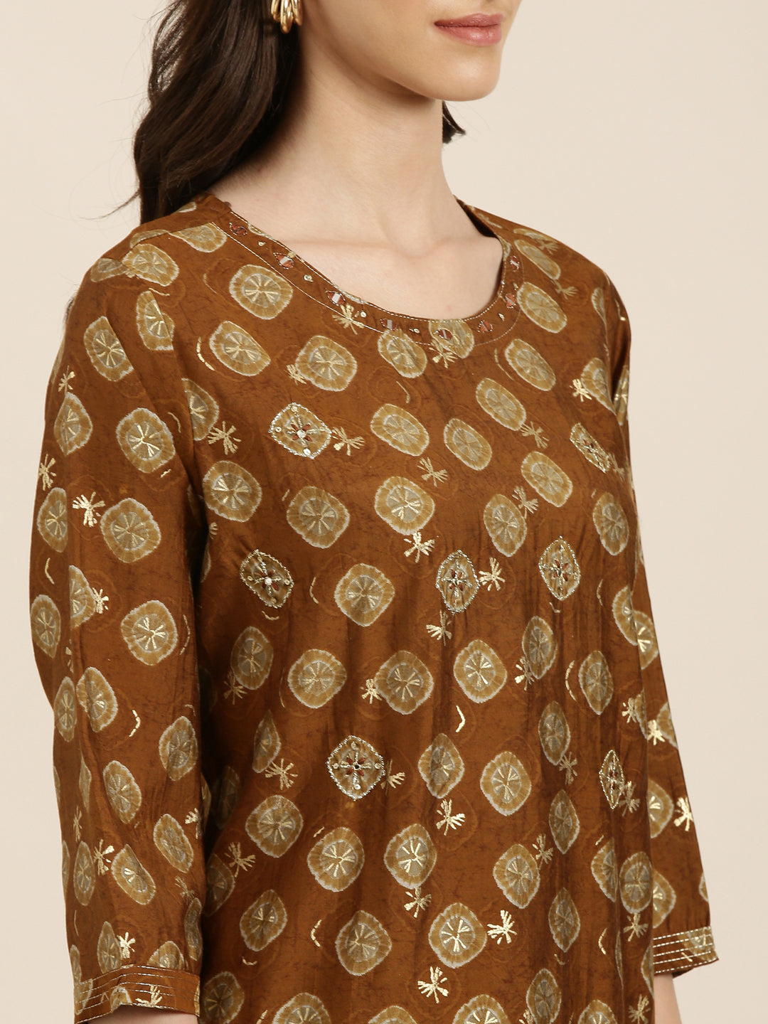 Women Brown Printed Straight Kurta