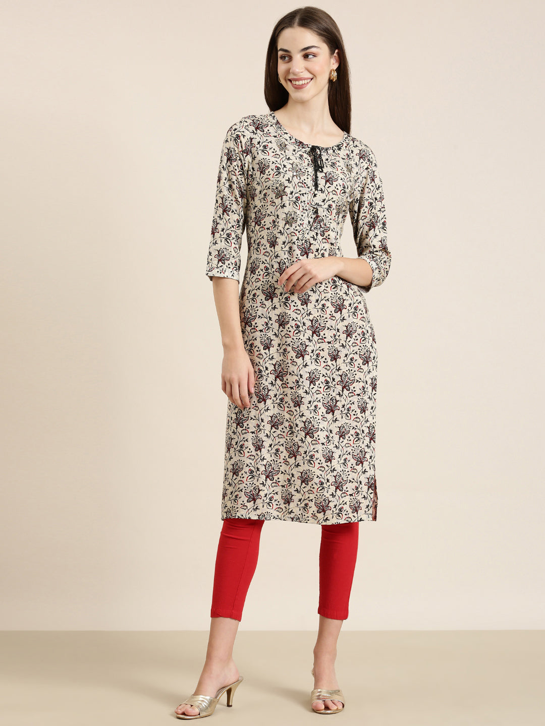 Women Cream Floral Straight Kurta