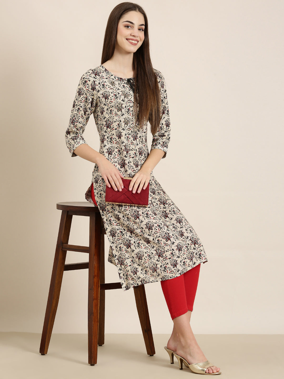 Women Cream Floral Straight Kurta