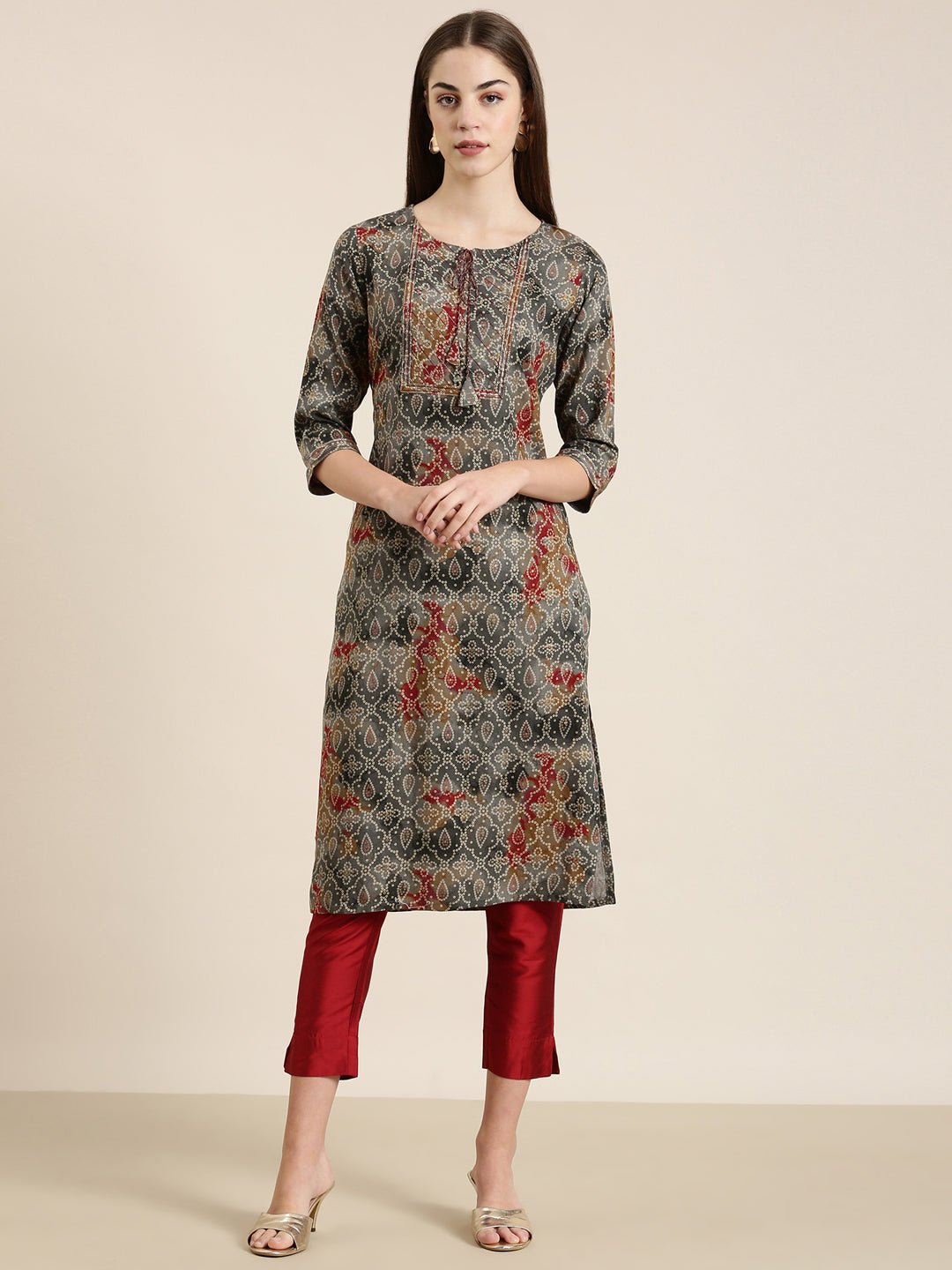 Women Grey Printed Straight Kurta