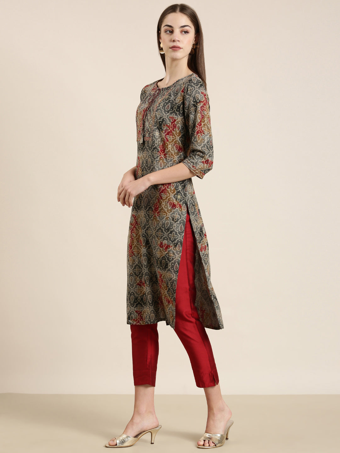 Women Grey Printed Straight Kurta