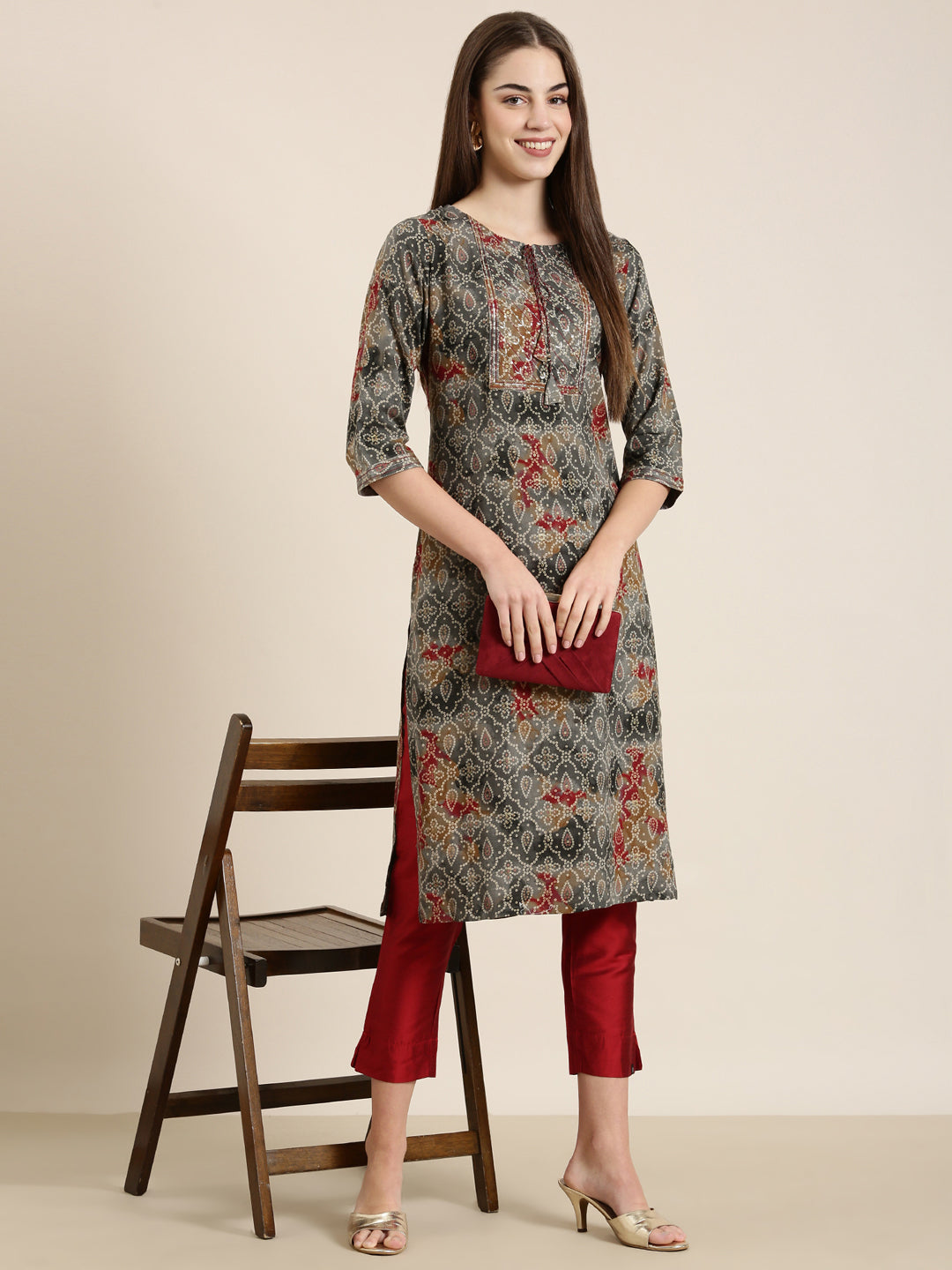 Women Grey Printed Straight Kurta