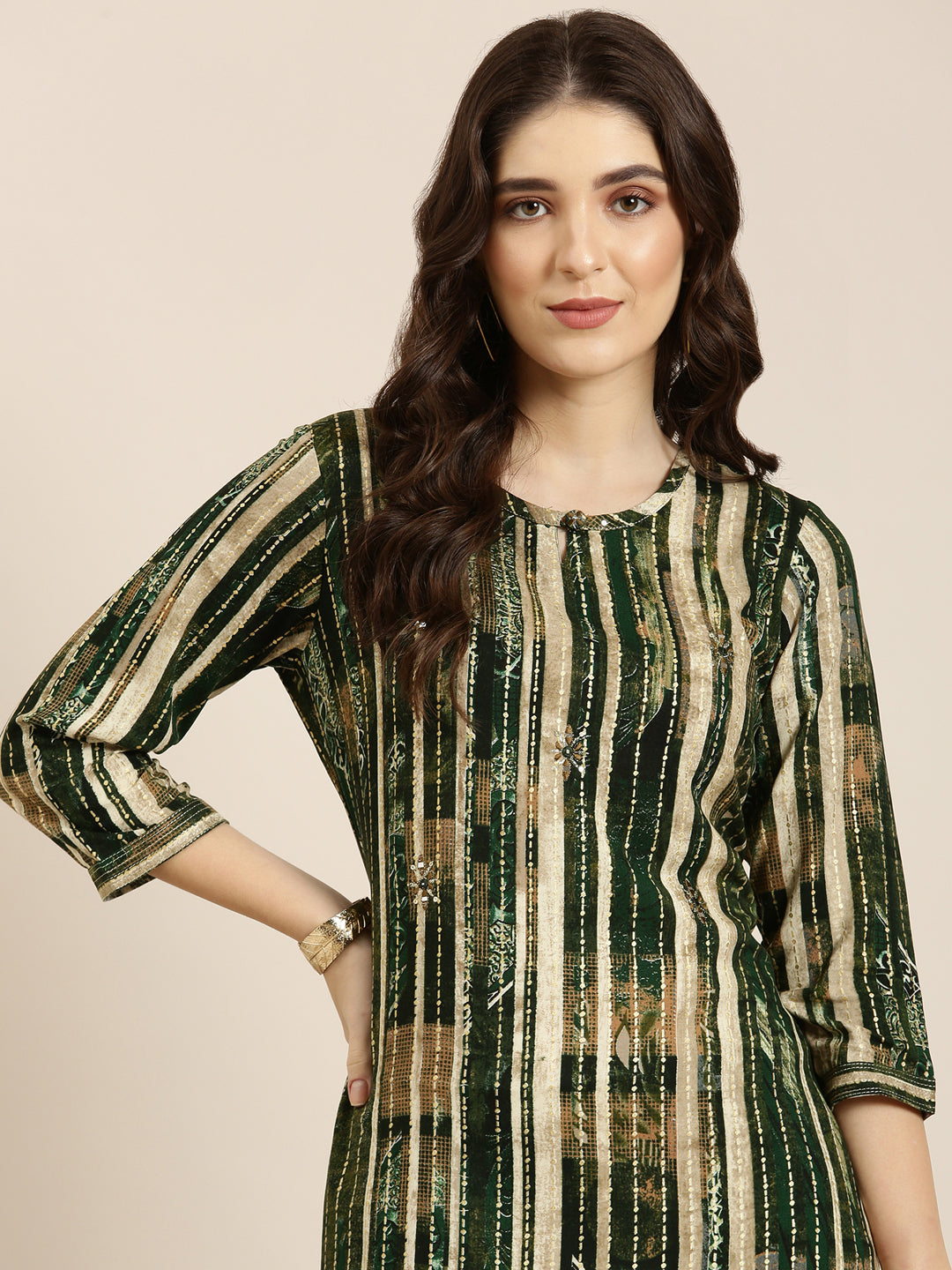 Women Green Striped Straight Kurta