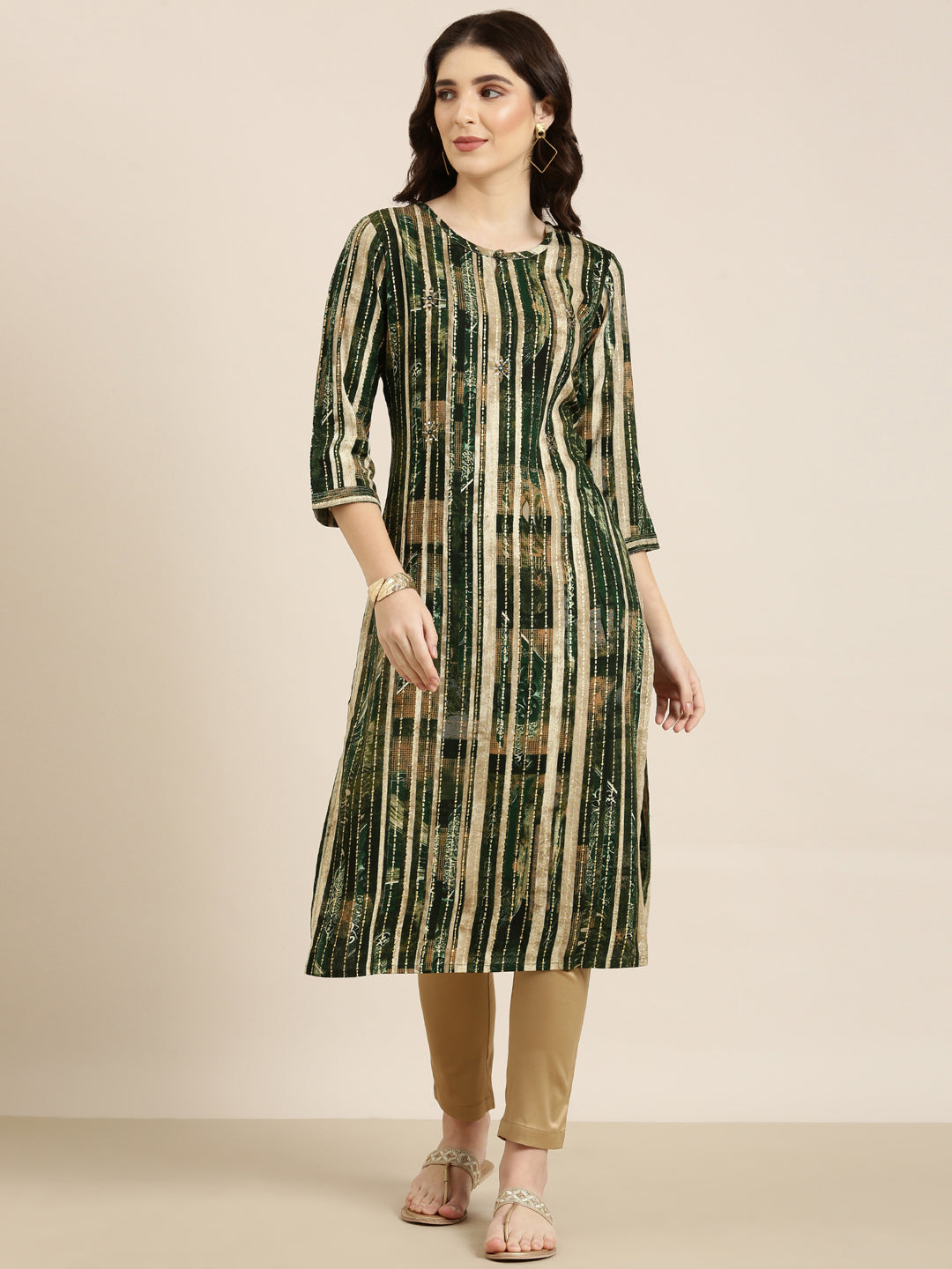 Women Green Striped Straight Kurta