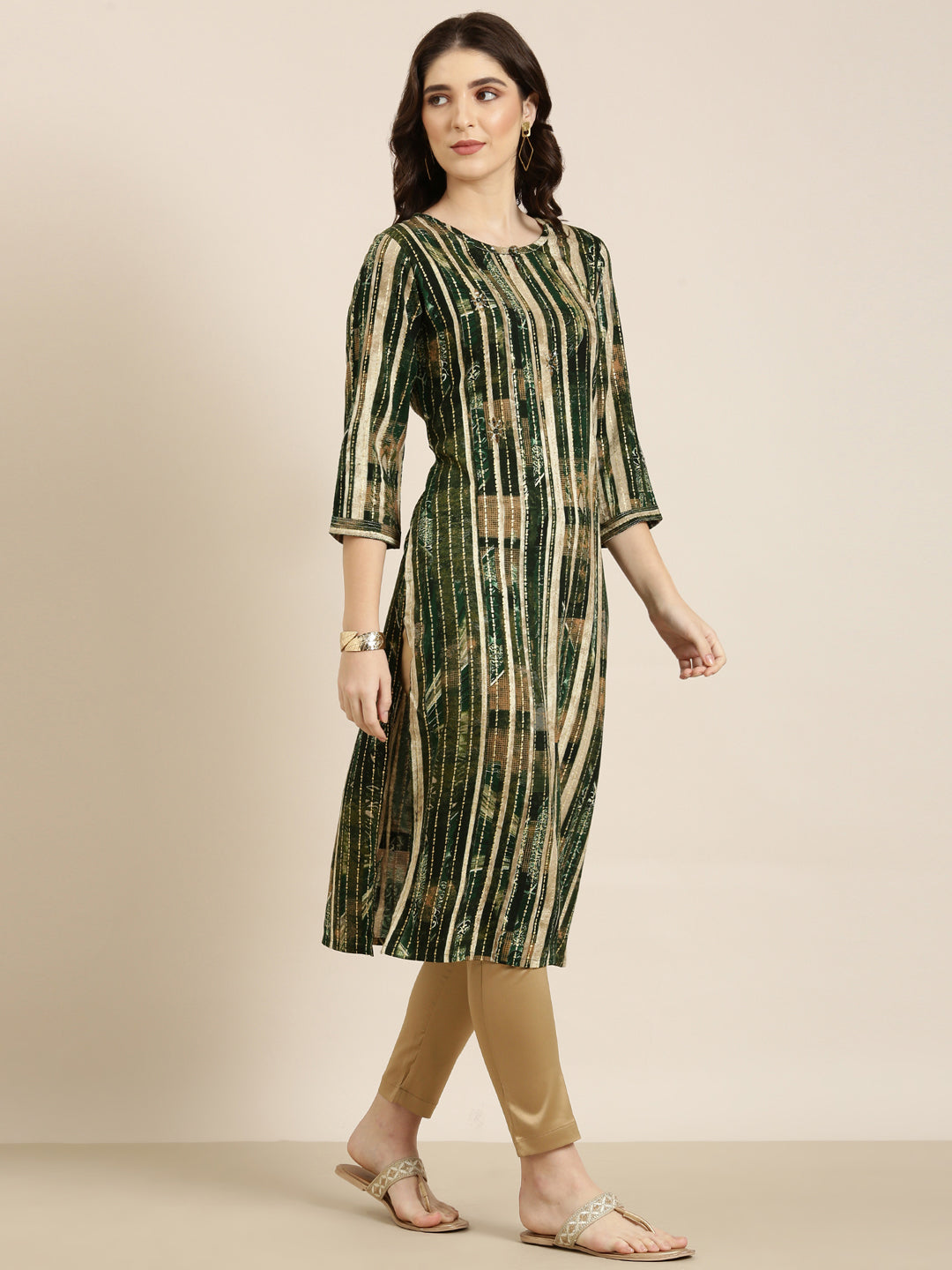 Women Green Striped Straight Kurta