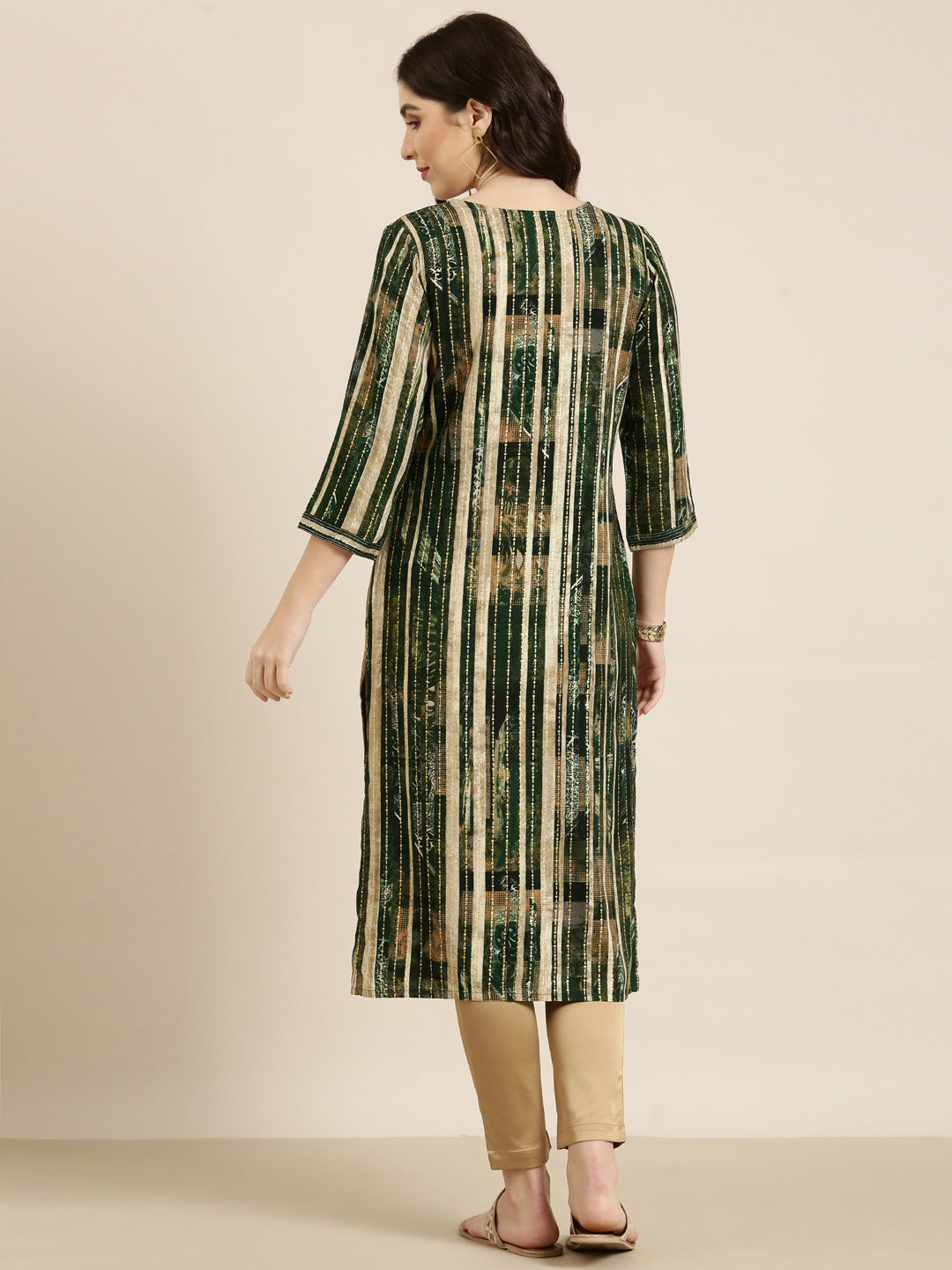 Women Green Striped Straight Kurta