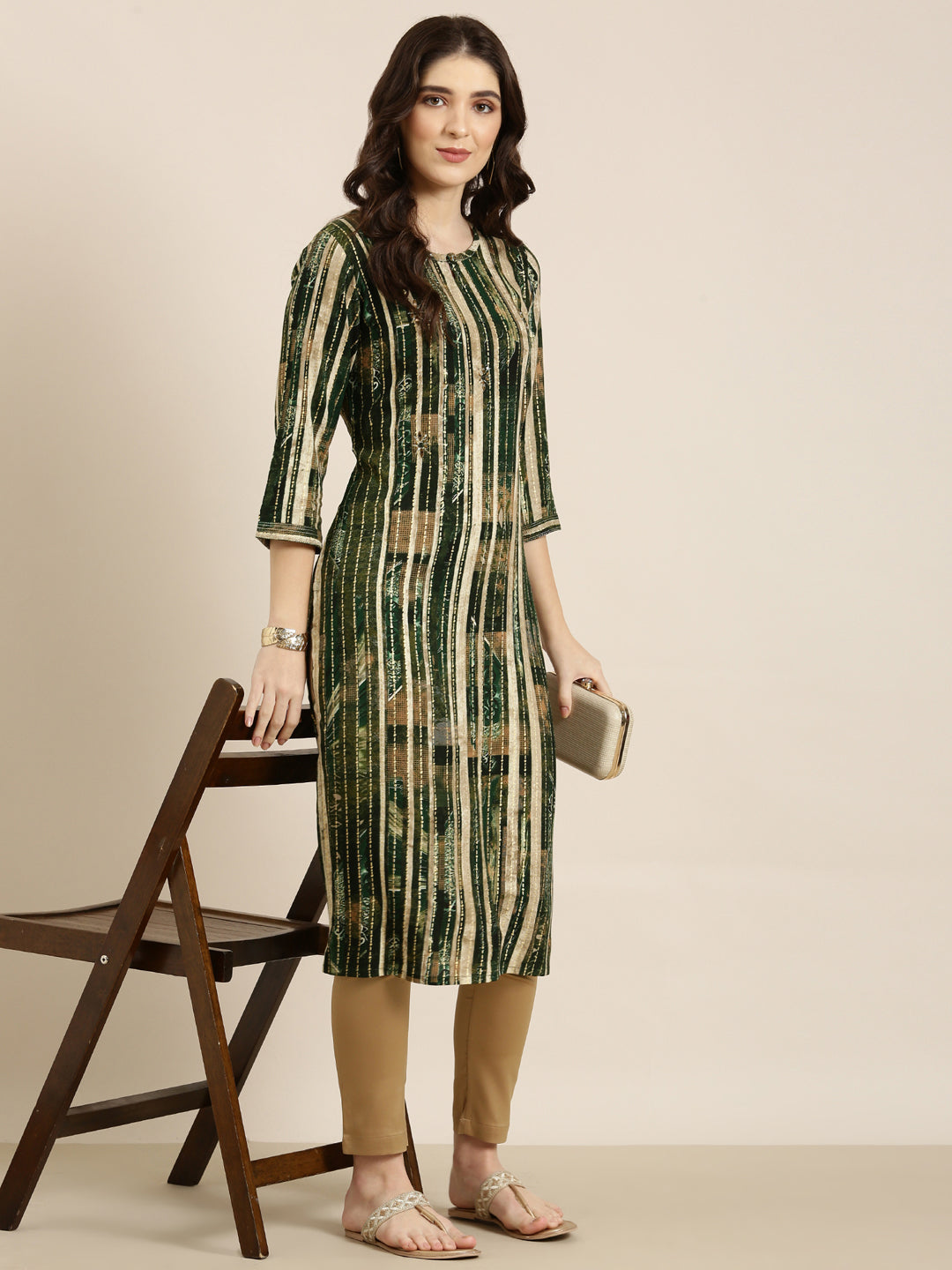 Women Green Striped Straight Kurta