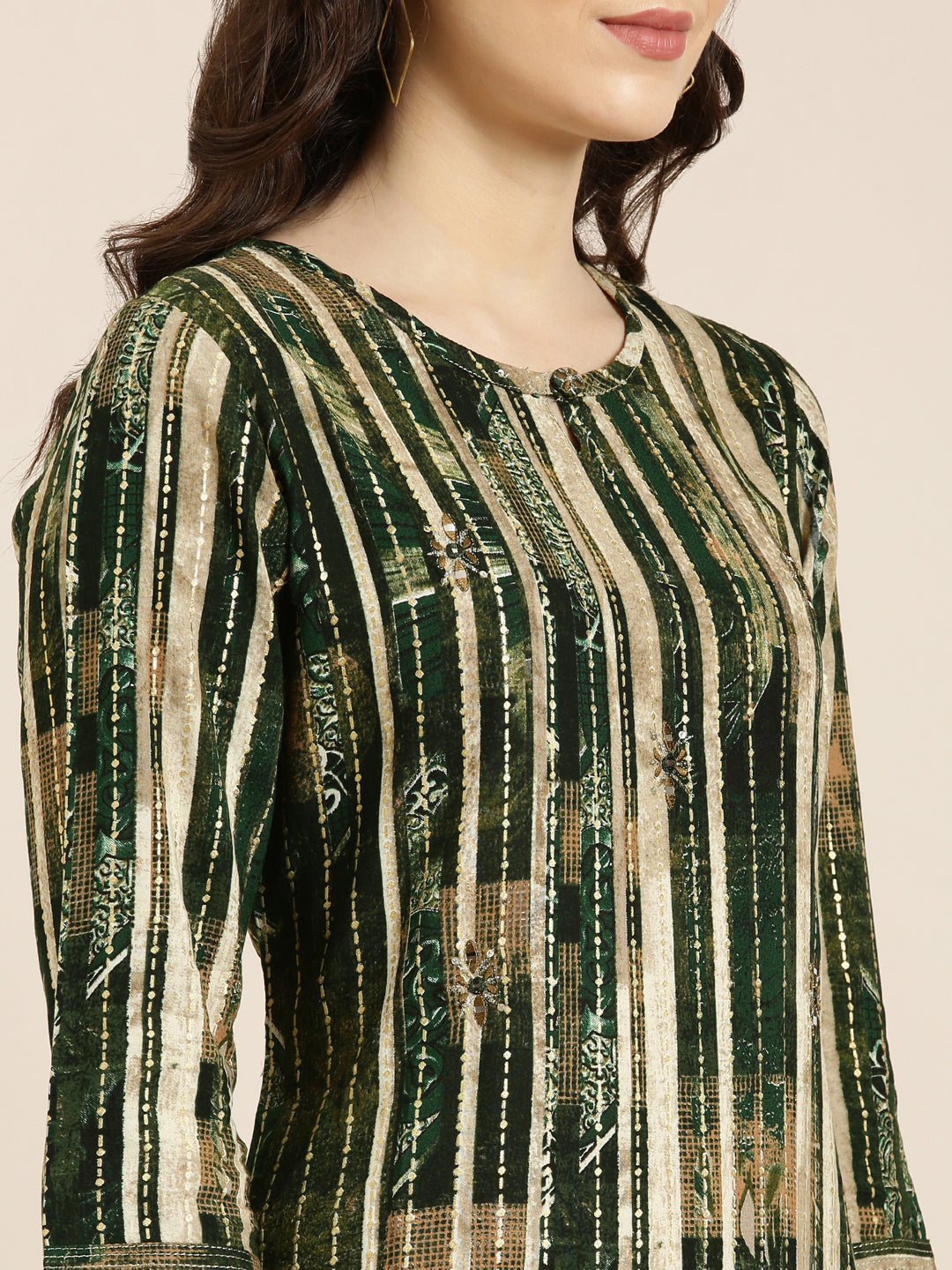 Women Green Striped Straight Kurta