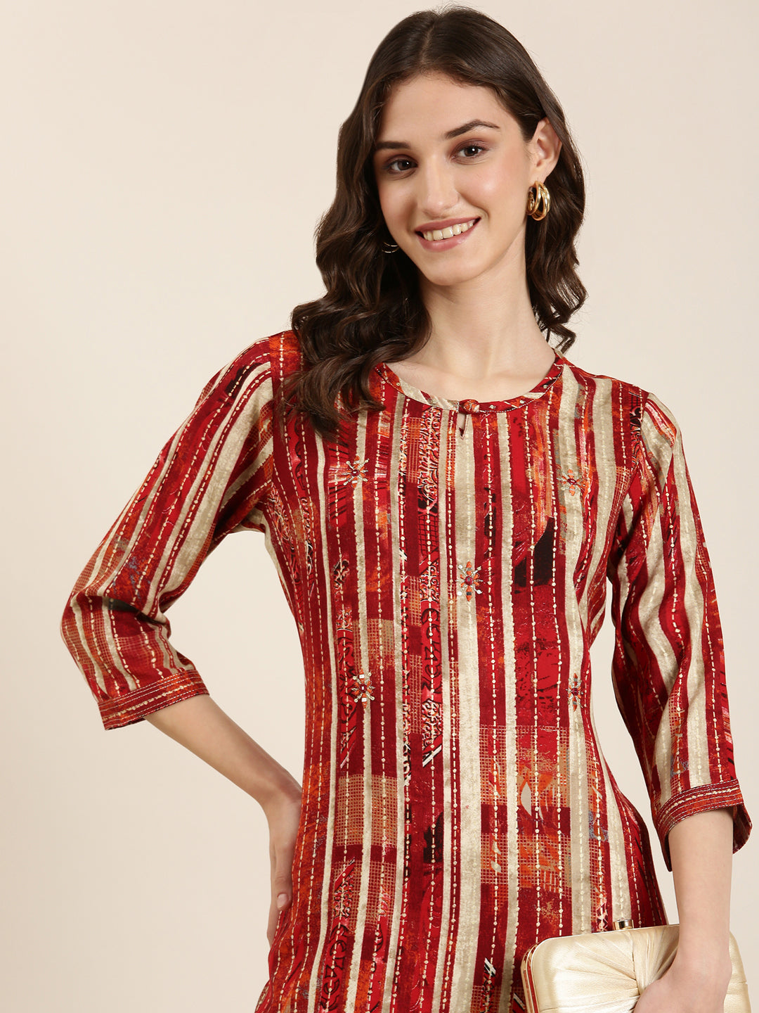 Women Maroon Striped Straight Kurta