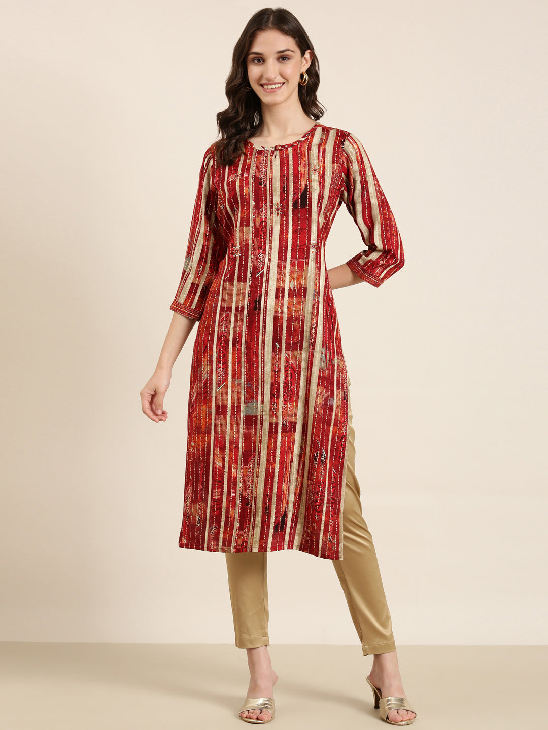 Women Maroon Striped Straight Kurta