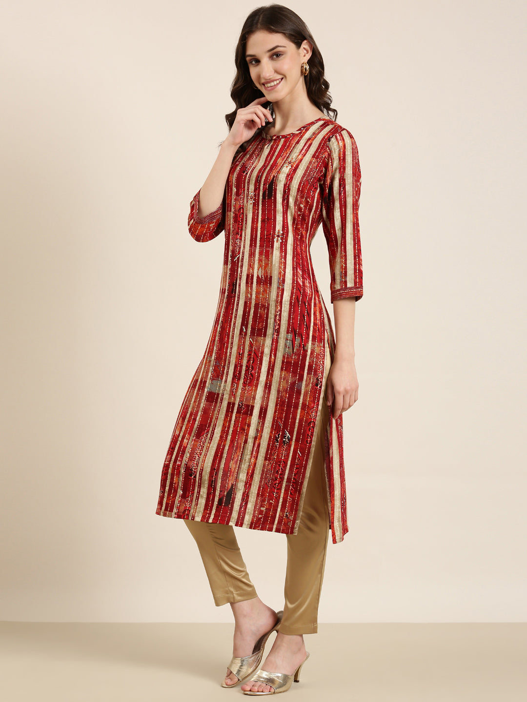 Women Maroon Striped Straight Kurta