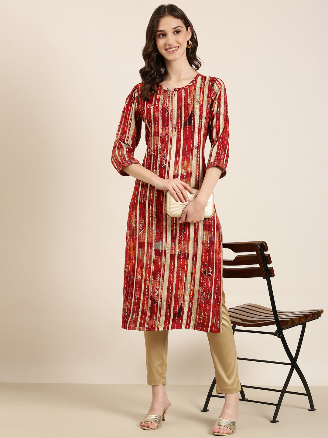 Women Maroon Striped Straight Kurta