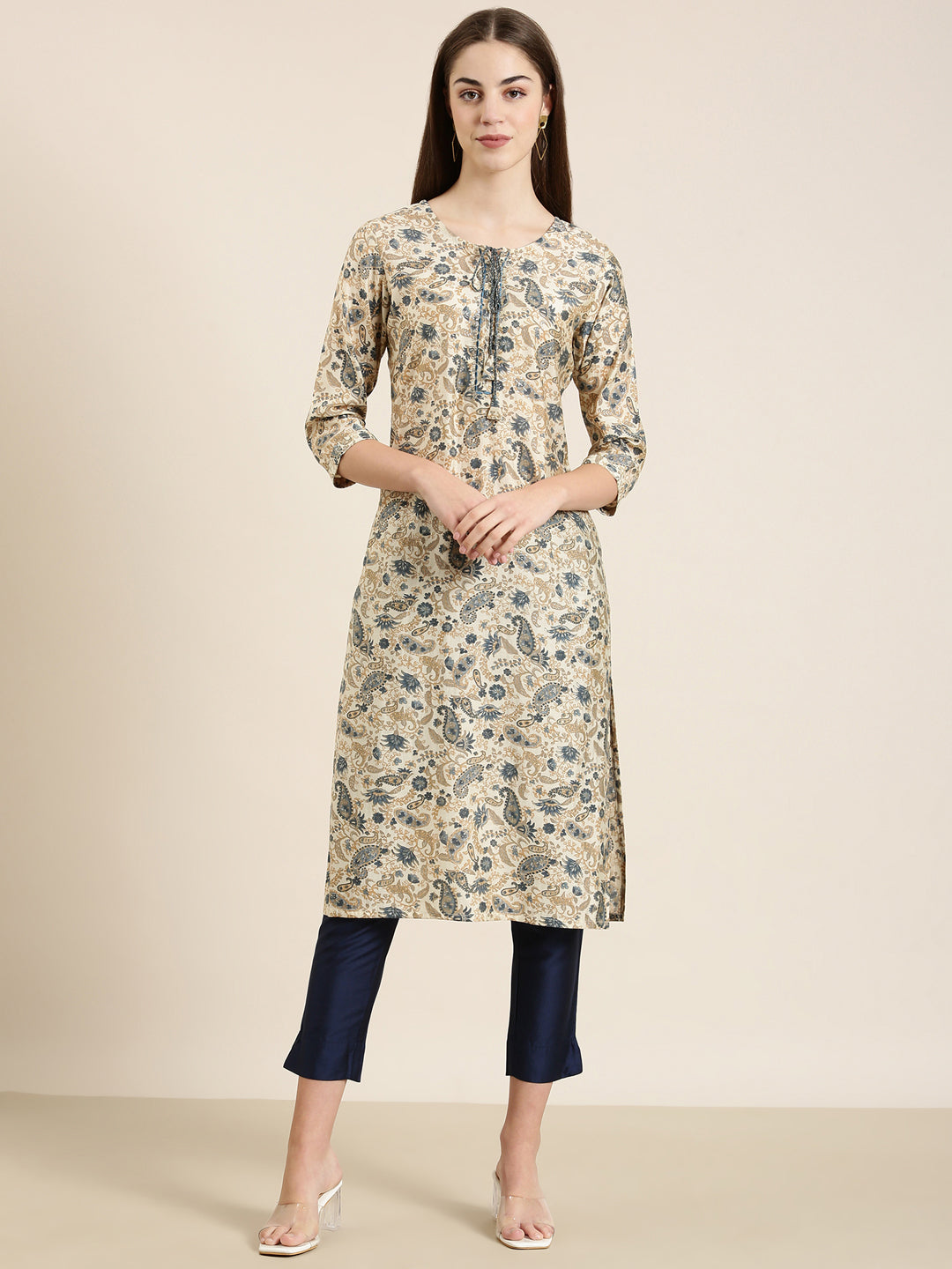 Women Cream Paisley Straight Kurta