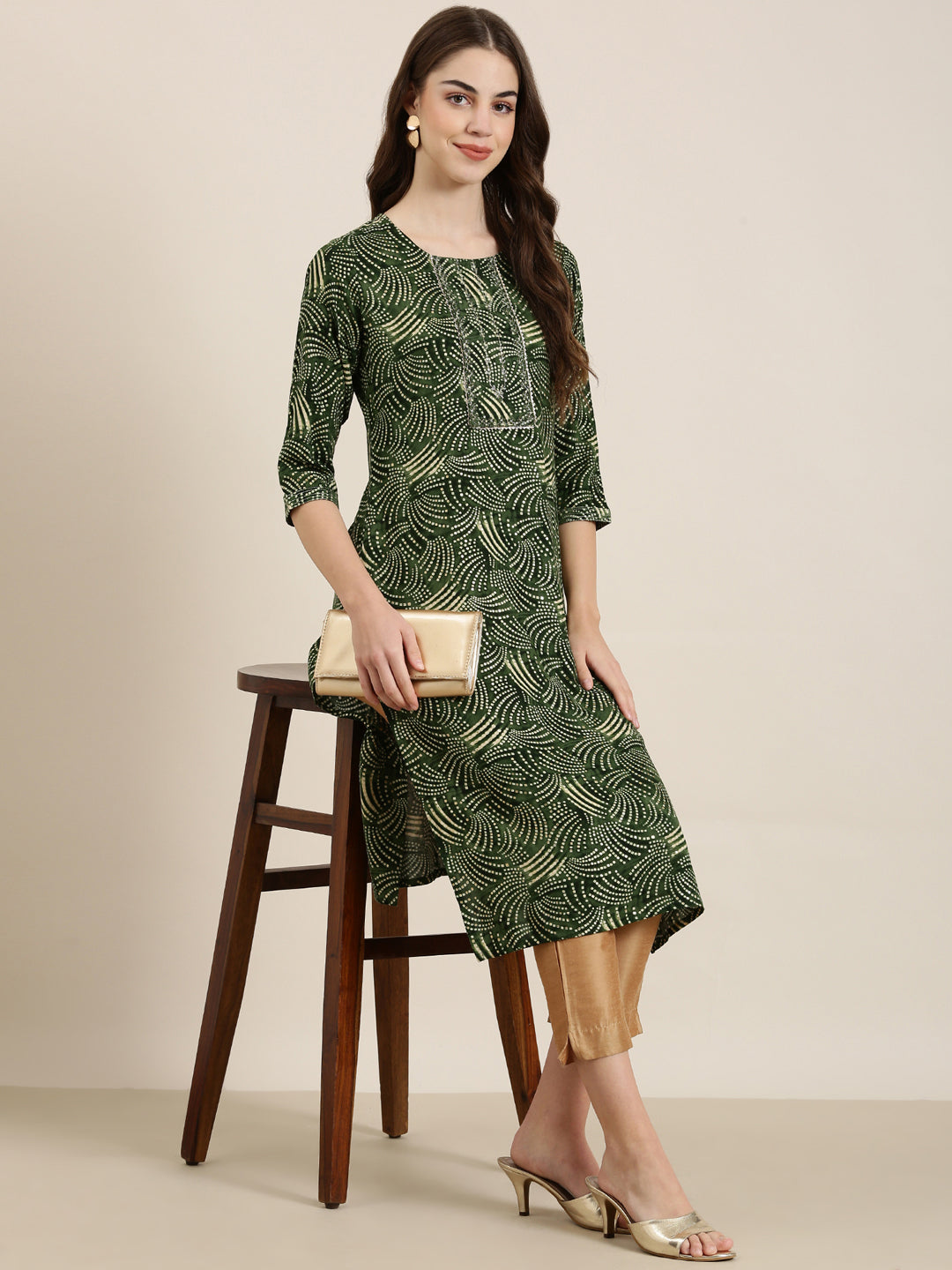 Women Green Printed Straight Kurta