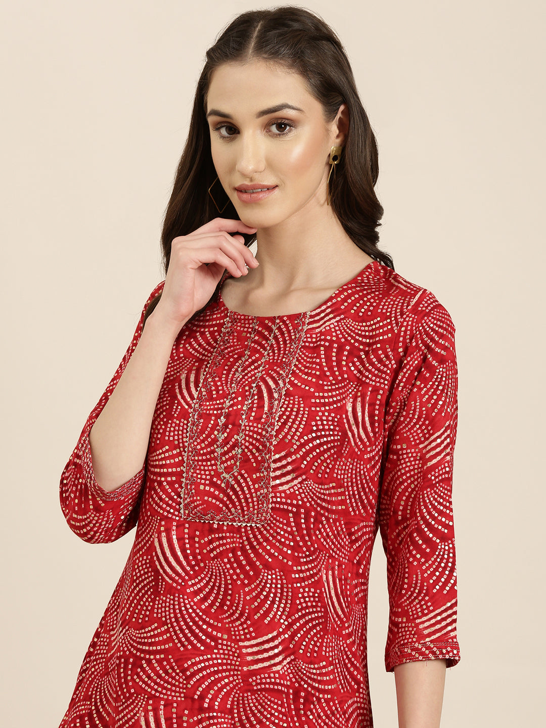 Women Red Printed Straight Kurta