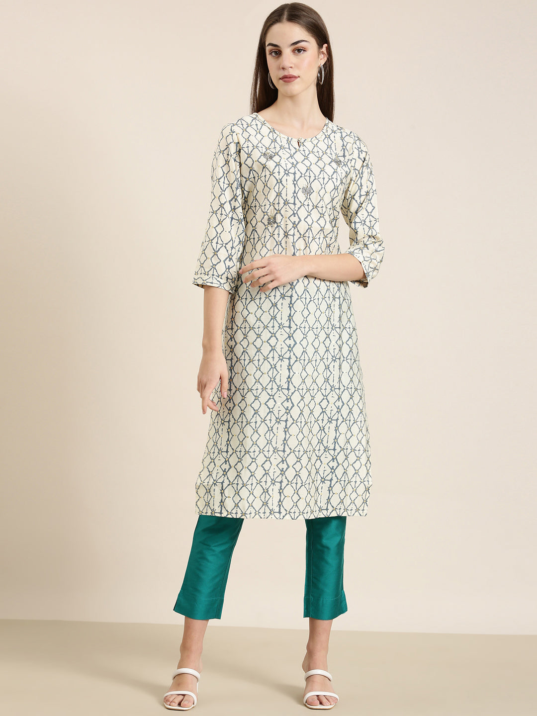 Women's Cream Geometrical Straight Kurta