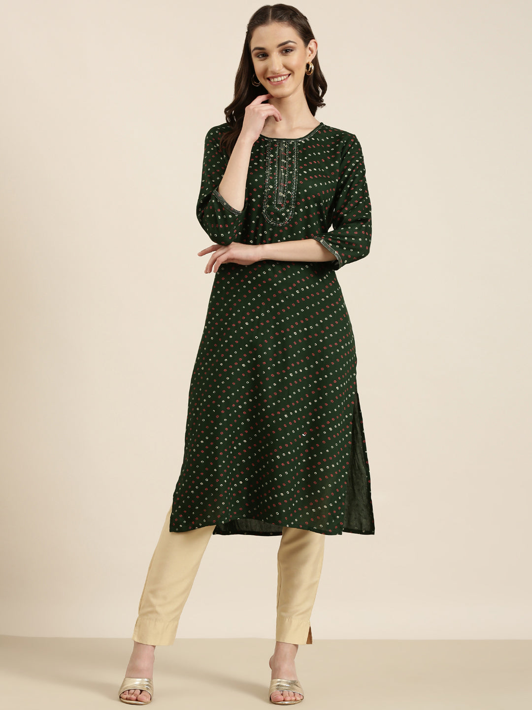 Women Green Printed Straight Kurta