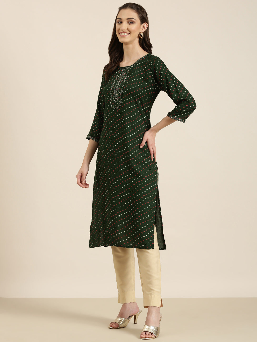 Women Green Printed Straight Kurta