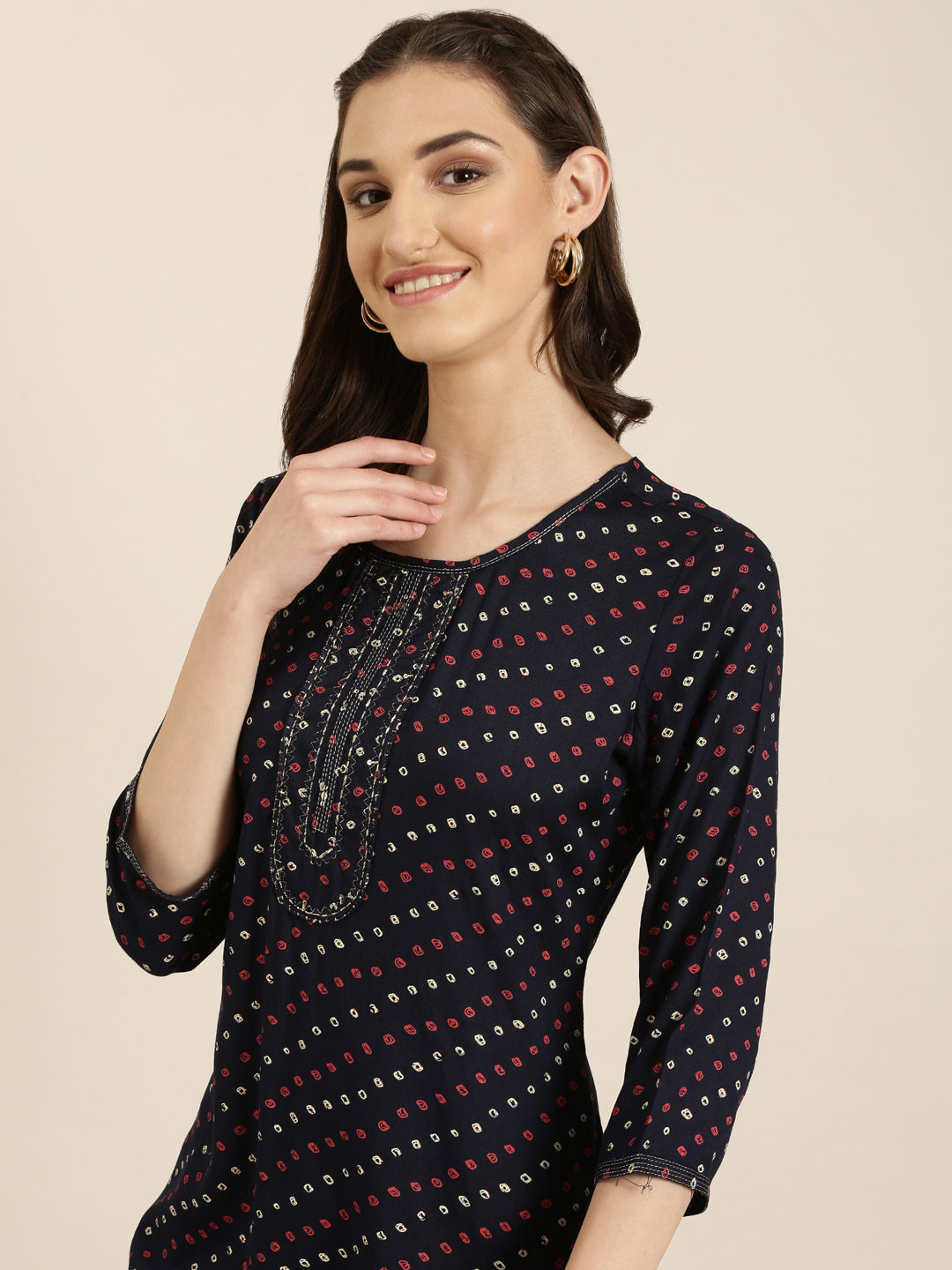 Women Navy Blue Printed Straight Kurta