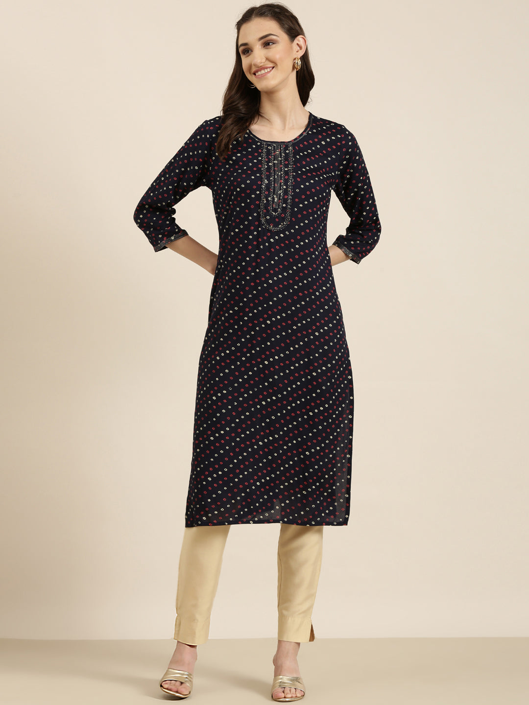 Women Navy Blue Printed Straight Kurta