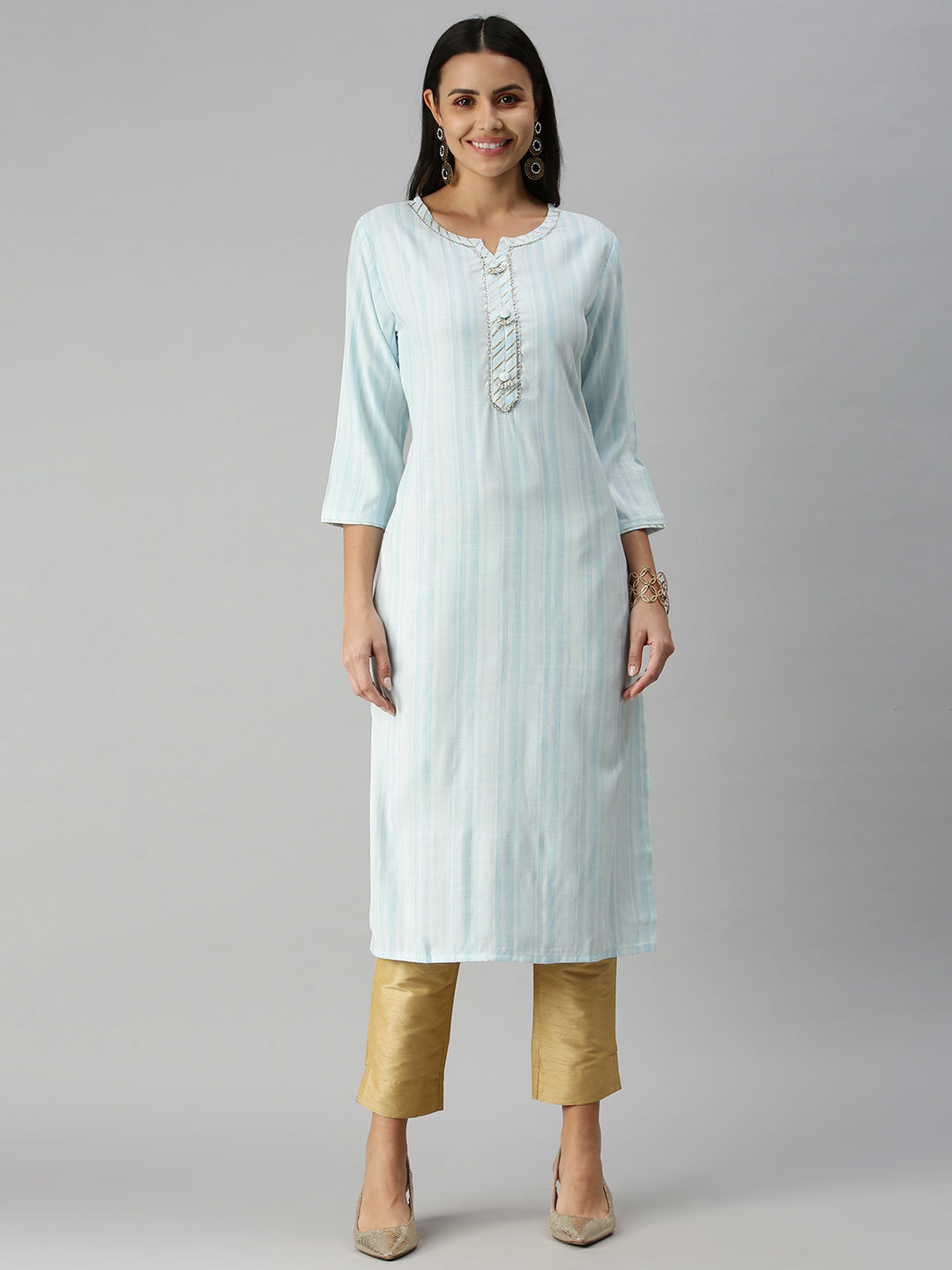 Women's Blue Striped Straight Kurta