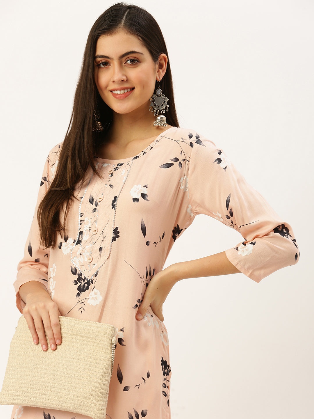 Women's Peach Printed Straight Kurtas