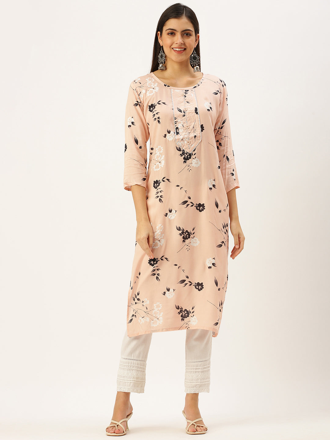 Women's Peach Printed Straight Kurtas