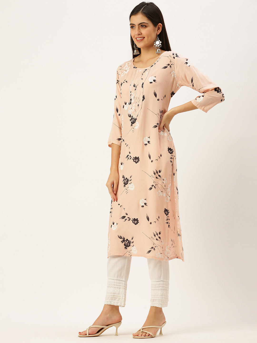 Women's Peach Printed Straight Kurtas