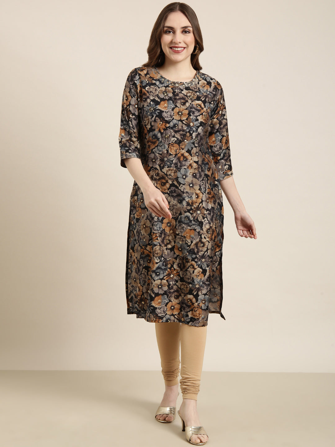 Women Straight Black Floral Kurta