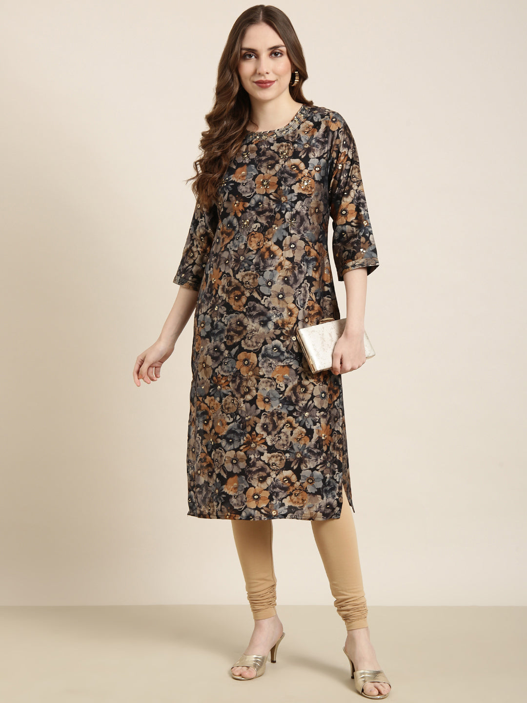 Women Straight Black Floral Kurta