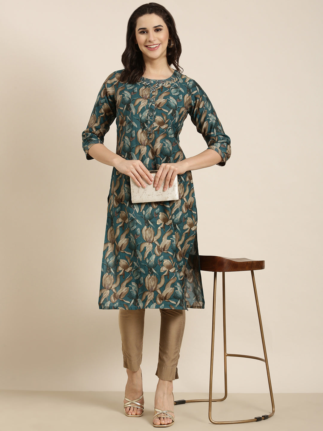 Women Straight Teal Floral Kurta