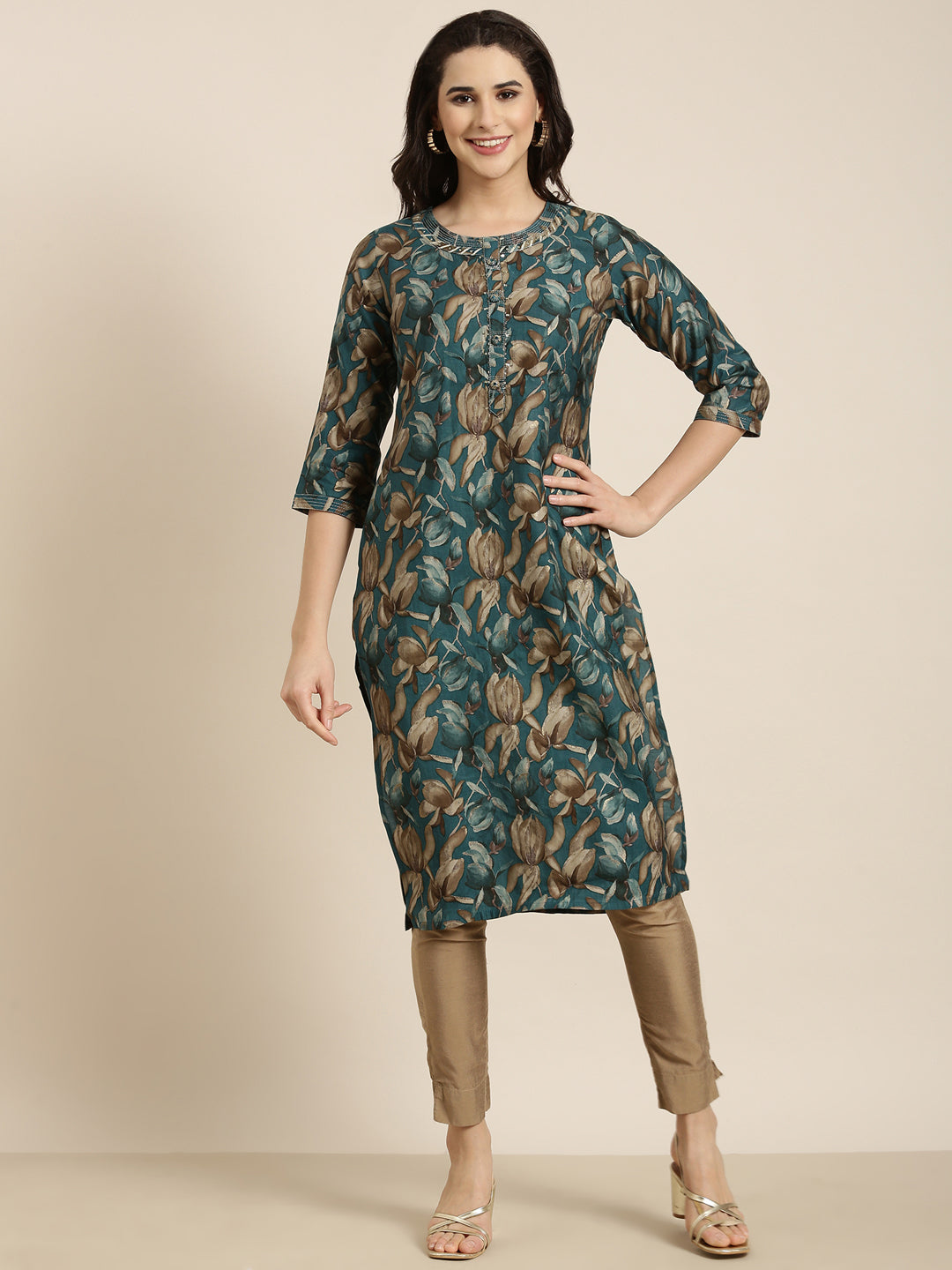 Women Straight Teal Floral Kurta