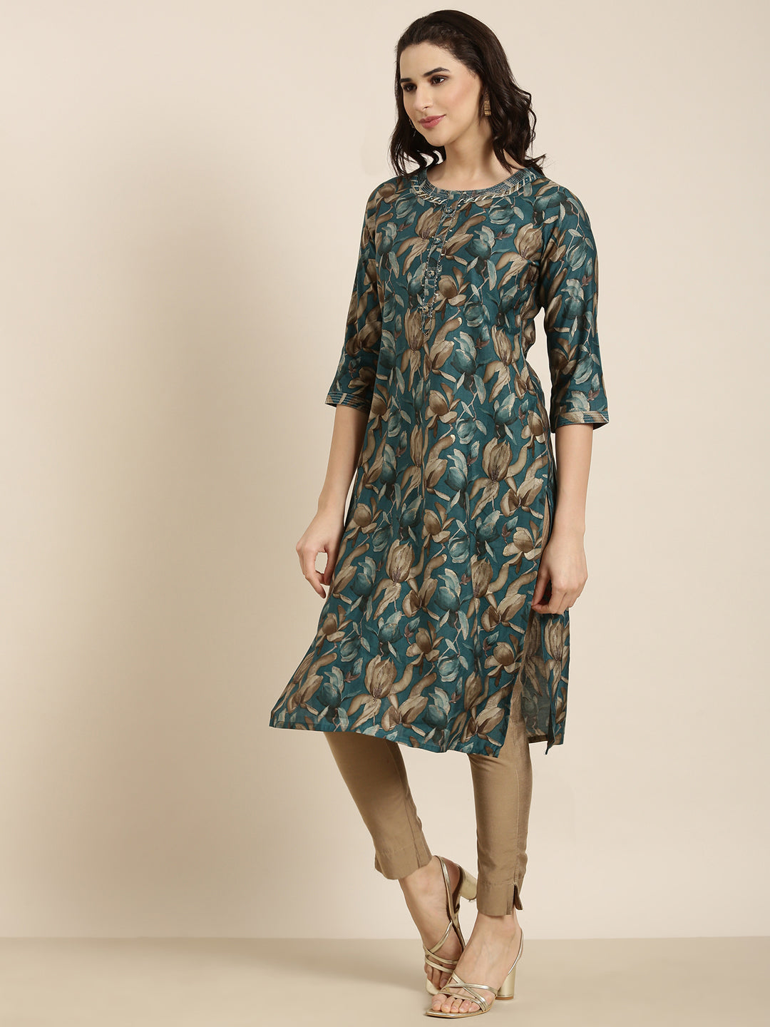 Women Straight Teal Floral Kurta