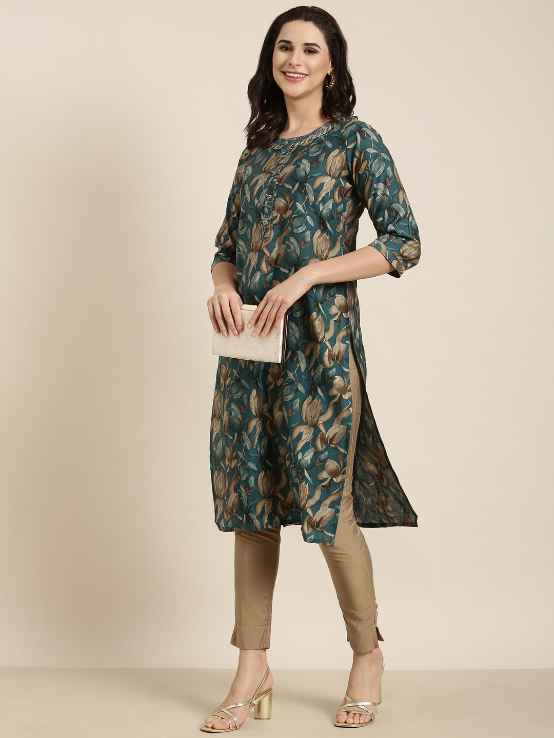 Women Straight Teal Floral Kurta