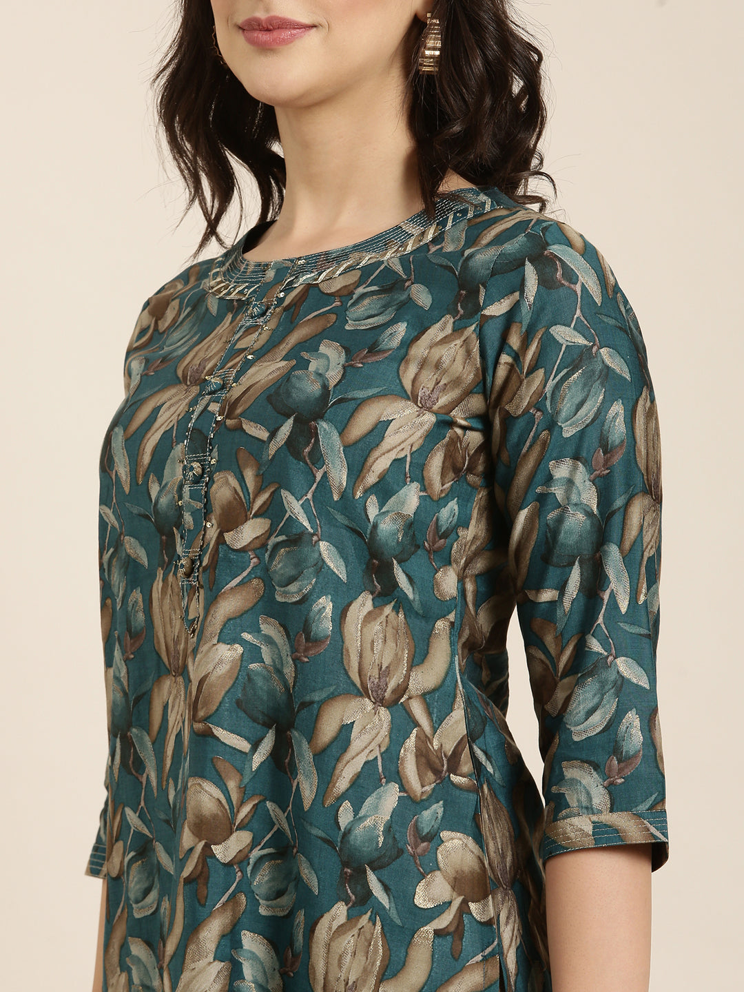 Women Straight Teal Floral Kurta